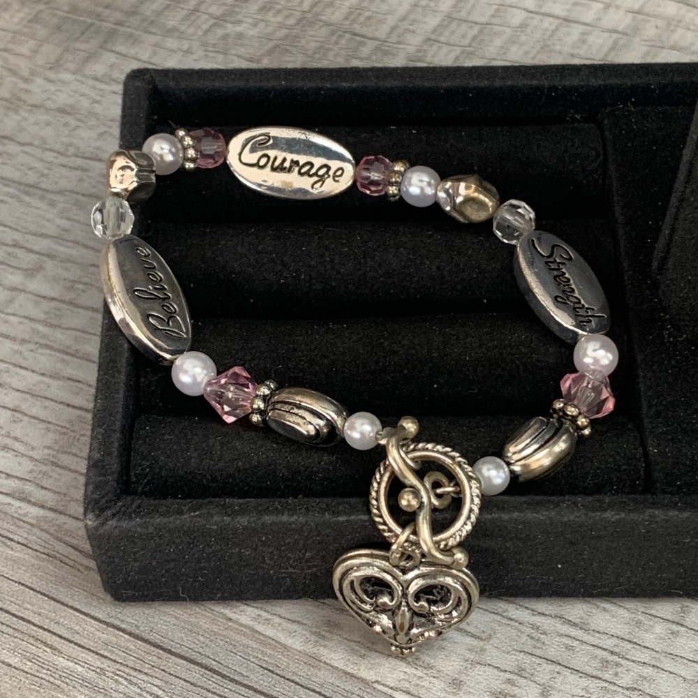 Inspirational Believe Courage Strength Heart Charm Beaded Toggle Bracelet 7in